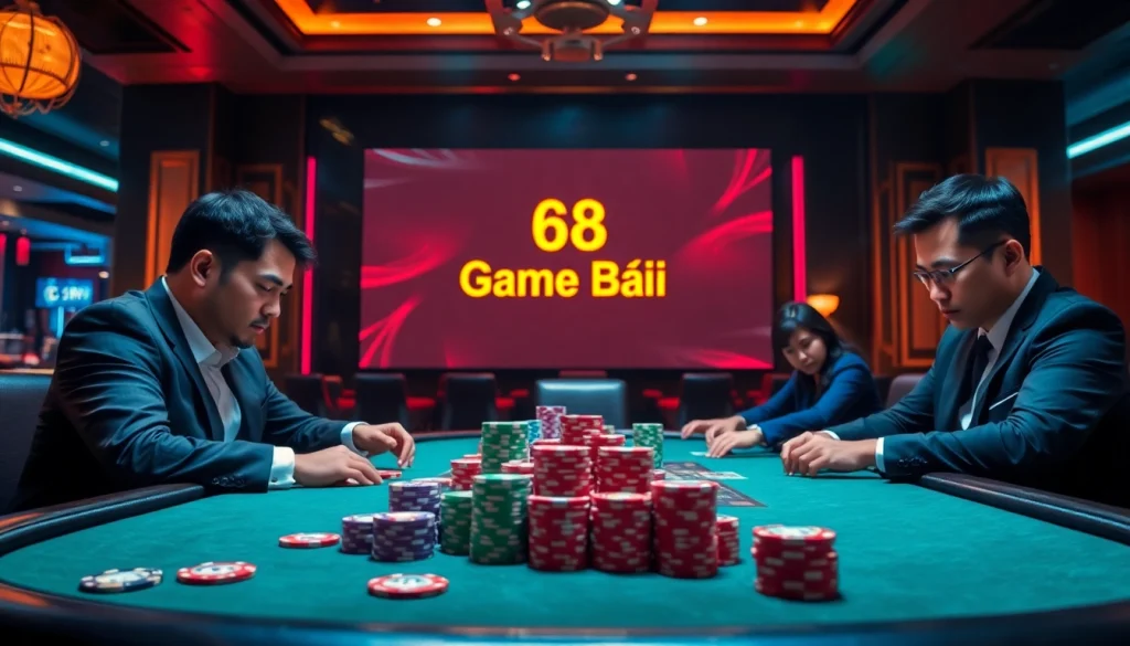 Players engaged in an intense round of 68 game bài at a glamorous casino table filled with colorful poker chips.