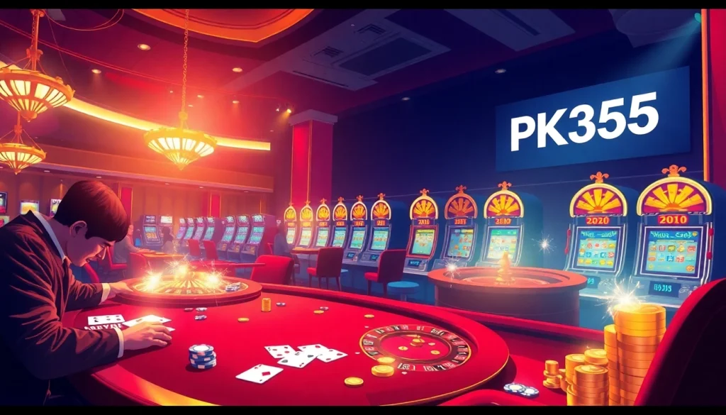Experience thrilling casino excitement with PK365 at the vibrant poker table illuminated by elegant lights.