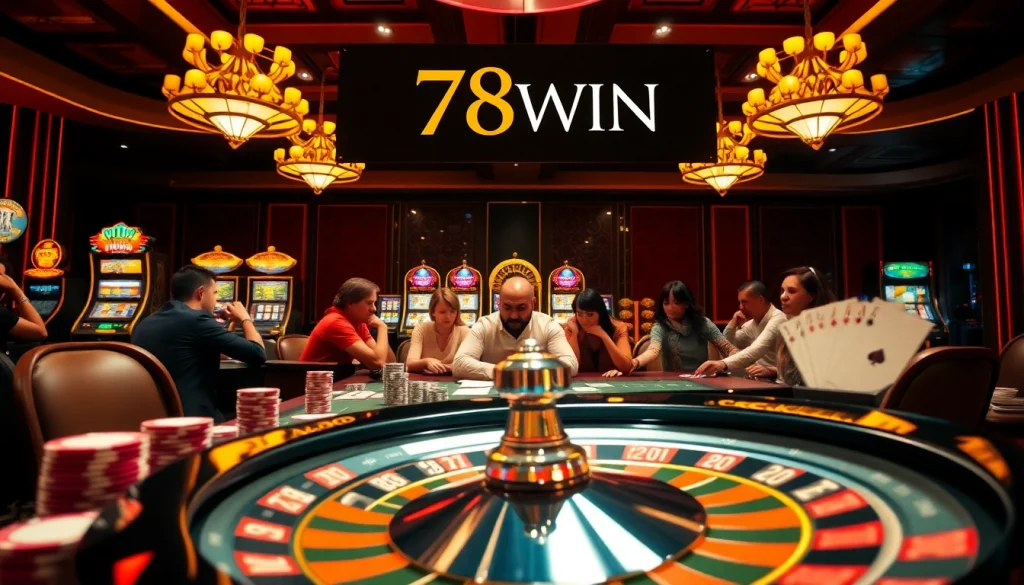 Experience the thrill of high-stakes poker with 78WIN as players strategize around a luxurious table laden with chips.