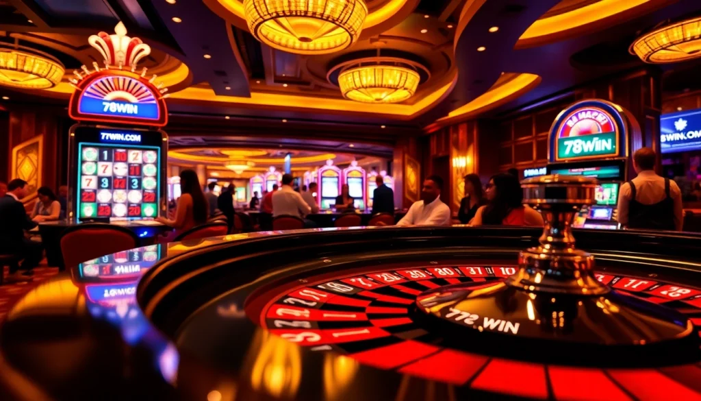 Experience the thrill of gambling at 78WIN.COM, showcasing an active roulette table with players placing bets in an elegant casino setting.