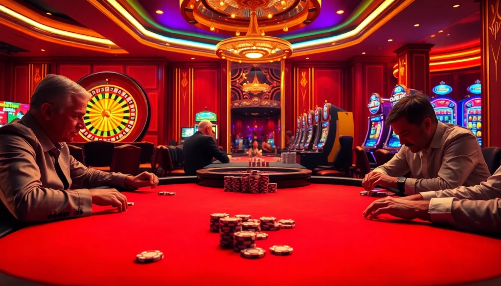 Experience a thrilling poker game in a luxurious casino skattefritt setting, with players focused and chips stacked high.
