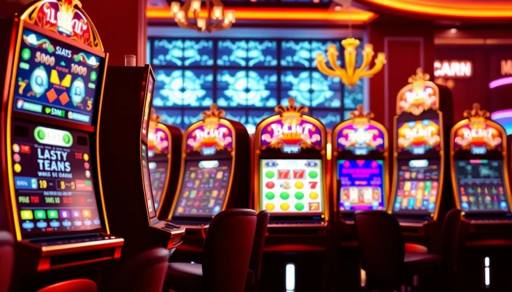 Menampilkan suasana permainan situs slot di kasino virtual dengan mesin berwarna cerah dan koin berkilau.