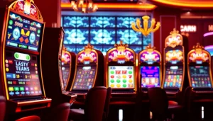 Menampilkan suasana permainan situs slot di kasino virtual dengan mesin berwarna cerah dan koin berkilau.